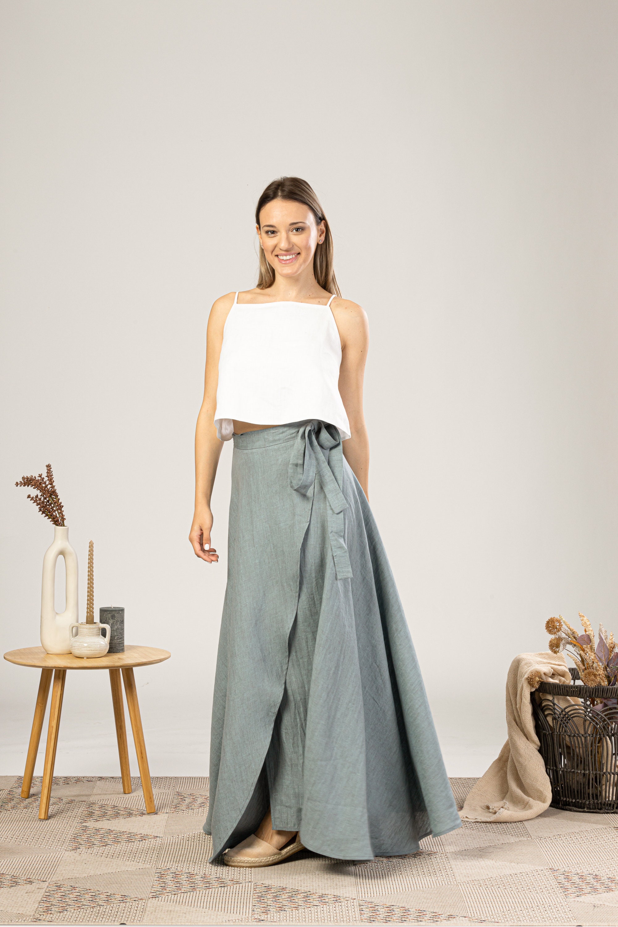 Long Linen Wrap Skirt, Flowy Tulip Skirt, Summer Linen Skirt, High