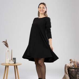 Plus Size Midi Dress, Minimal Cotton Tunic Dress, Solid Black Dress with Pockets, Petite Clothing, Elegant Evening Dress, Oversized Dress image 6