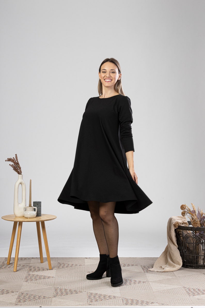 Plus Size Midi Dress, Minimal Cotton Tunic Dress, Solid Black Dress with Pockets, Petite Clothing, Elegant Evening Dress, Oversized Dress image 6