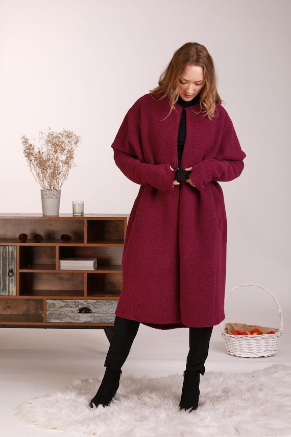 Boiled Wool Jacket With Belt Dark Red Long Overcoat Scoop Neck Classic Formal Coat Plus Size Clothing Straight Line Winter Cardigan Coat Etsy UK