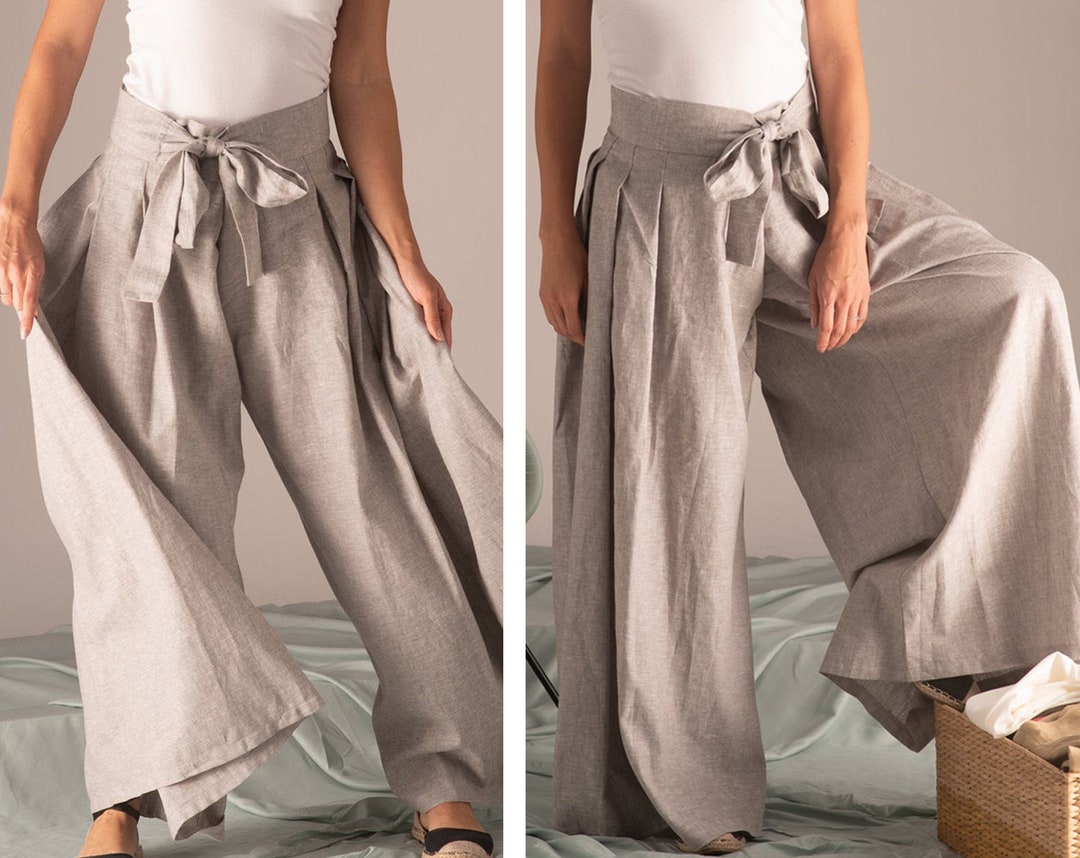 Ladies White Linen High Waist Gaucho Pants Made in USA