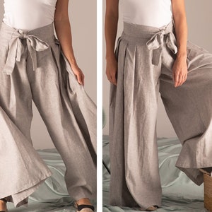 Pantalones de lino con cintura cruzada, ropa de vanguardia, moda japonesa, pantalones de diseño minimalista, pantalones gaucho de verano, lino de talla grande