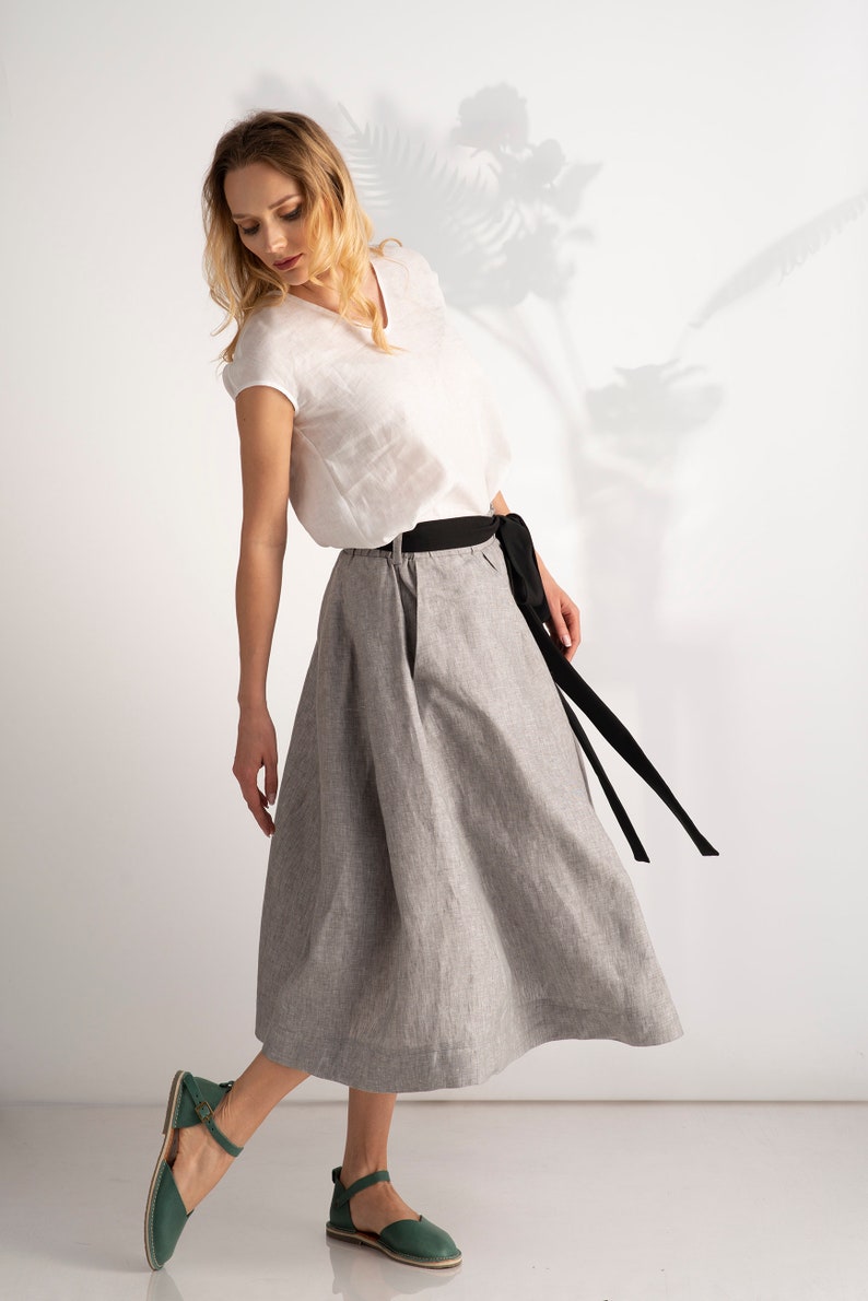 Full Linen Skirt Midi Skirt Gray Skirt Linen Clothing | Etsy