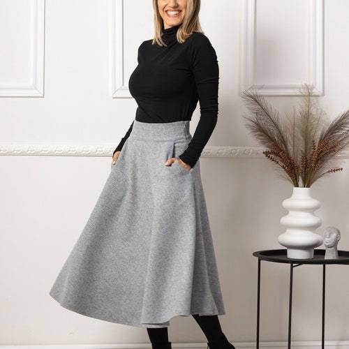 High Waist Wool Midi Skirt With Belt Plus Size Winter Skirt - Etsy