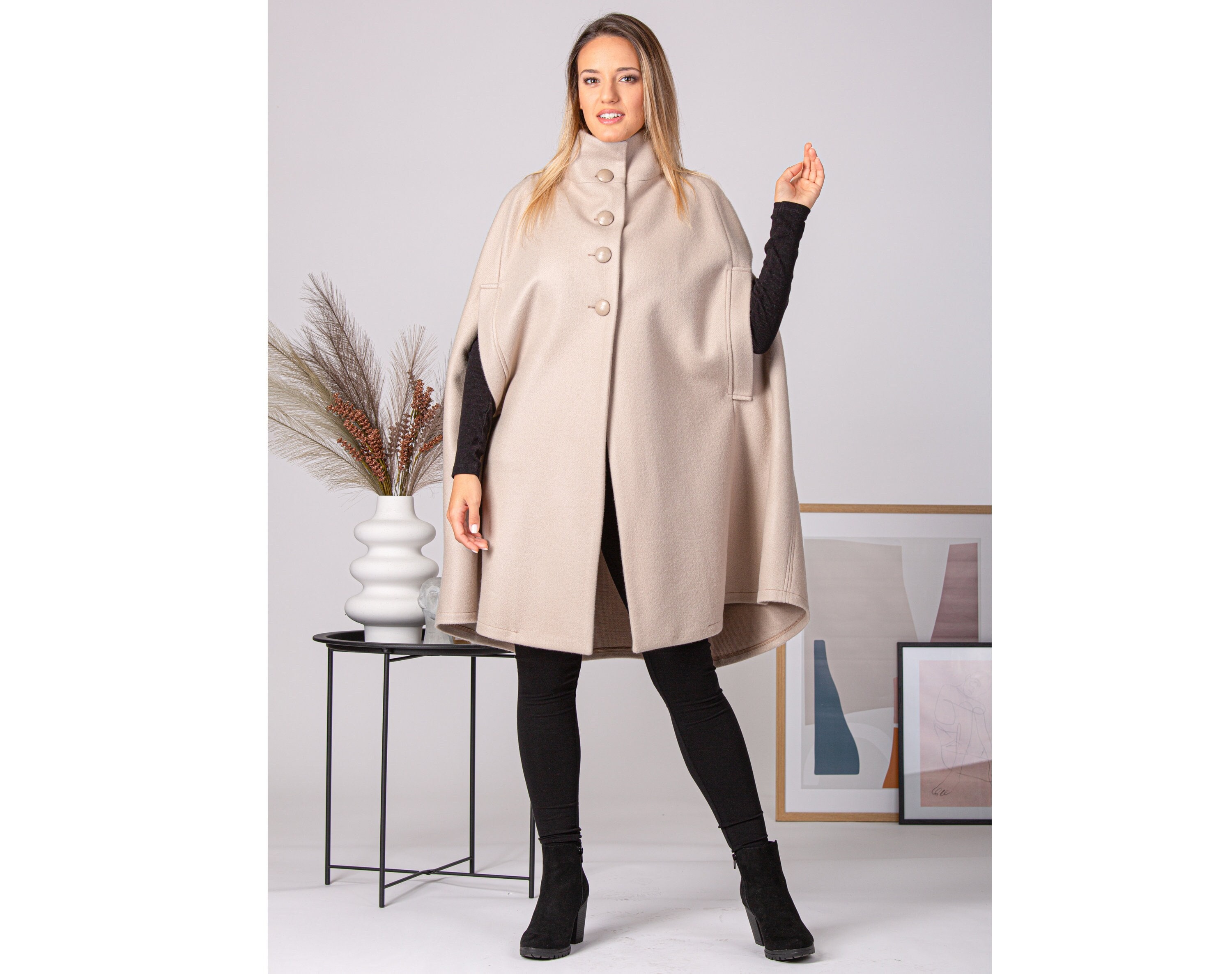 Warm Cape Coat With High Collar, Wool Winter Poncho Cloak