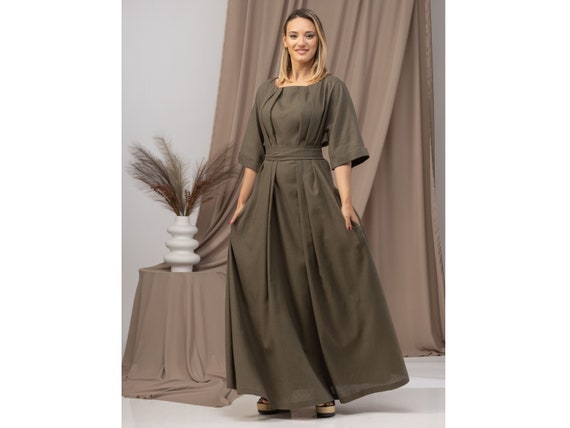 olive green linen dress Women's Bowie Linen Dress in Olive X SMALL / Olive main image 1