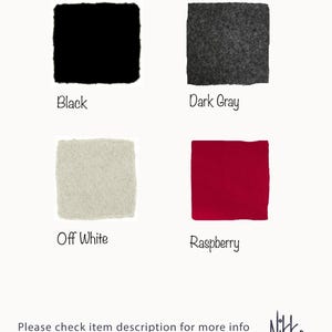 May include: A color chart featuring four square fabric swatches labeled Black, Dark Gray, Off White, and Raspberry. The text reads: Please check item description for more info about the fabric and the brand name Nikka is displayed in the bottom right.