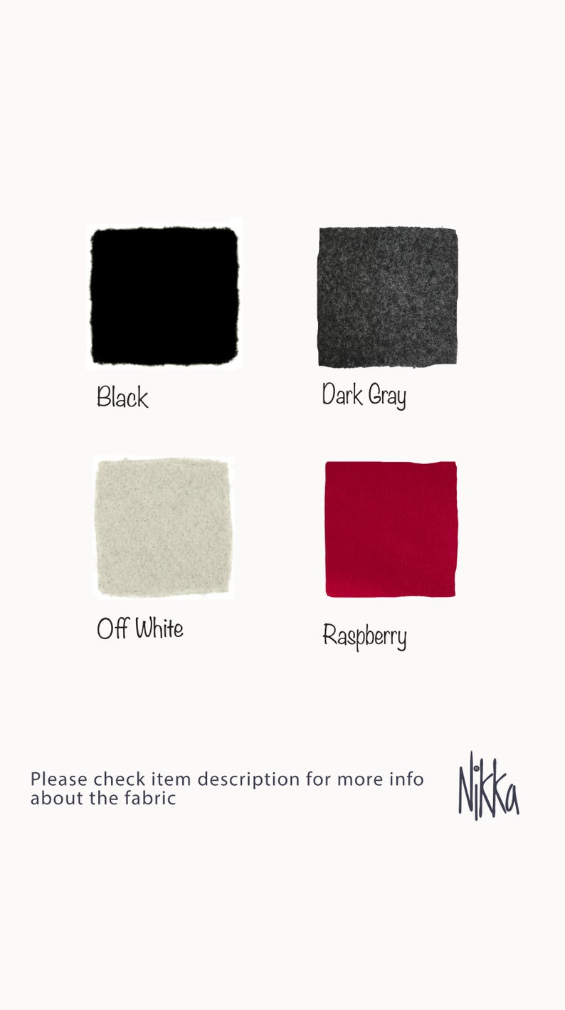 May include: A color chart featuring four square fabric swatches labeled Black, Dark Gray, Off White, and Raspberry. The text reads: Please check item description for more info about the fabric and the brand name Nikka is displayed in the bottom right.