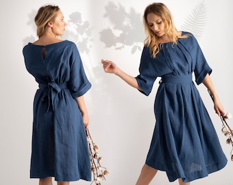 Minimalist Modest Formal Midi Dress, Summer Linen Slate Blue Boho Dress, Vintage Inspired Plus Size Dress, Retro Style Cocktail Dress