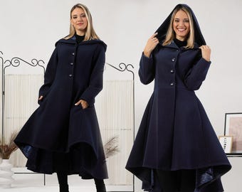 Winter Princess Coat with Hood, Asymmetrical Wool Mix Elegant A-Line Buttoned Coat by NikkaPlace