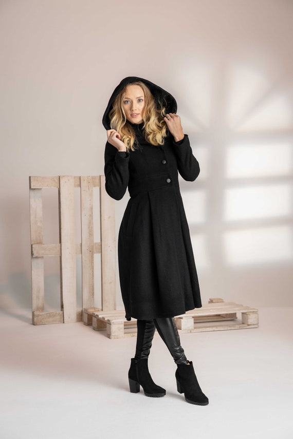 Black Hooded Princess Coat, Flared Wool Coat, Skirted Winter