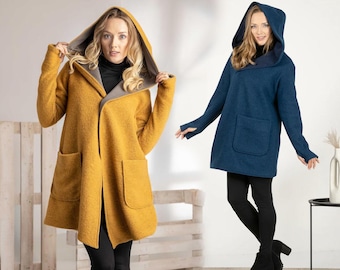 Wool Cardigan with Hood and Pockets, Short Dark Blue Cardigan, Plus Size Clothing, Winter Hood Cardigan Coat, Elven Winter Cardigan Coat