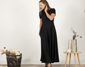 Summer Modest Dress, Black Gothic Dress, Long Ankle Dress, Maxi A-line Dress,  Victorian Style Dress, Church Dress, Short Sleeve Dress - Etsy