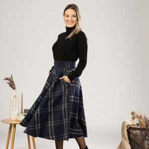 Tartan Wool Midi Skirt, High Waist Plaid Skirt, Plus Size Winter Skirt, Check Bell Circle Skirt, Wool Walking Skirt, 1940s Style Skirt image 8