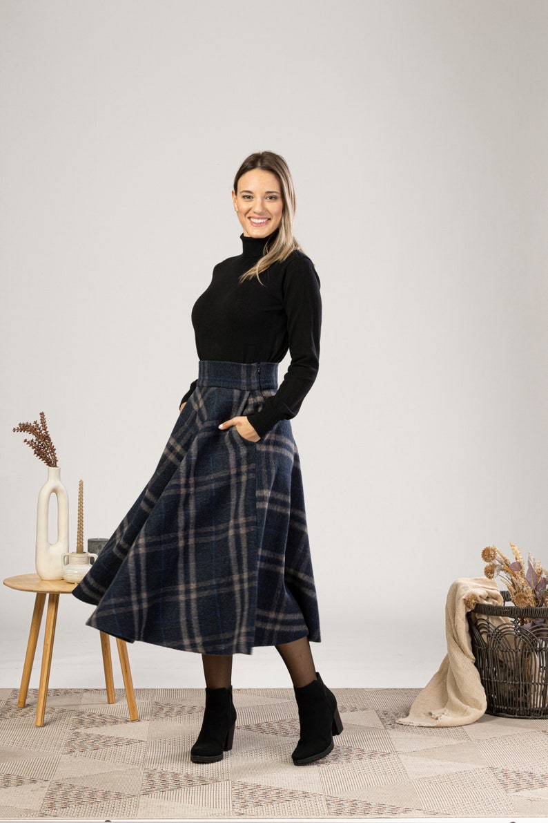 Tartan Wool Midi Skirt, High Waist Plaid Skirt, Plus Size Winter Skirt, Check Bell Circle Skirt, Wool Walking Skirt, 1940s Style Skirt image 8