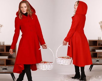 Romantic Red Wool Asymmetrical Swing Overcoat With Hood and Pockets, Fairy Elven Jacket Coat by NikkaPlace
