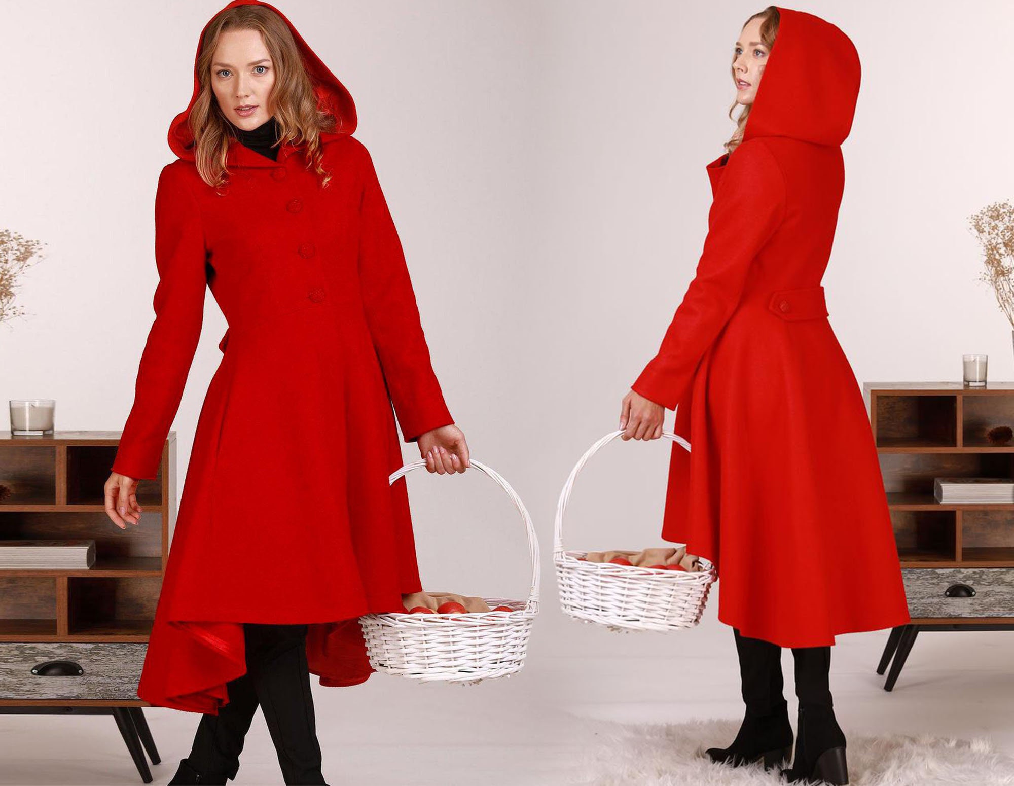 Red Asymmetrical Swing Overcoat: Pixie Winter Coat With Hood and