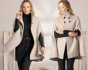Beige Wool Cape Coat, Winter Cape Jacket, Plus Size Clothing, Vintage Style Cape Coat, Poncho Blazer Coat, Double Breasted Cream Woolen Cape