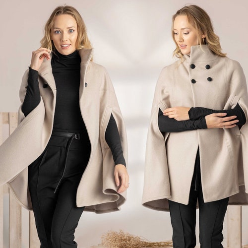 Beige Winter Cape Coat, Elegant Cape Jacket, Plus Size Clothing