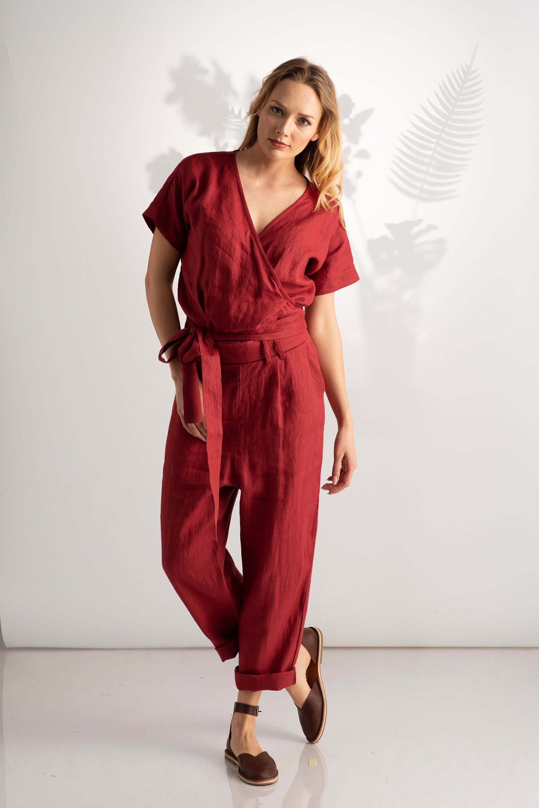 Red Linen Jumpsuit Wrap Jumpsuit Summer Overall Belt Etsy