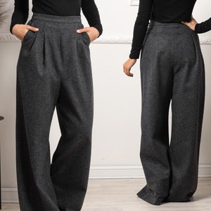 Classy Wide Leg Cool Wool Pants with Pockets, Dark Academia Pleated Pants, Wide Woolen Trousers, High Waisted Palazzo Pants for Winter