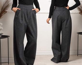 Classy Wide Leg Cool Wool Pants with Pockets, Dark Academia Pleated Pants, Wide Woolen Trousers, High Waisted Palazzo Pants for Winter