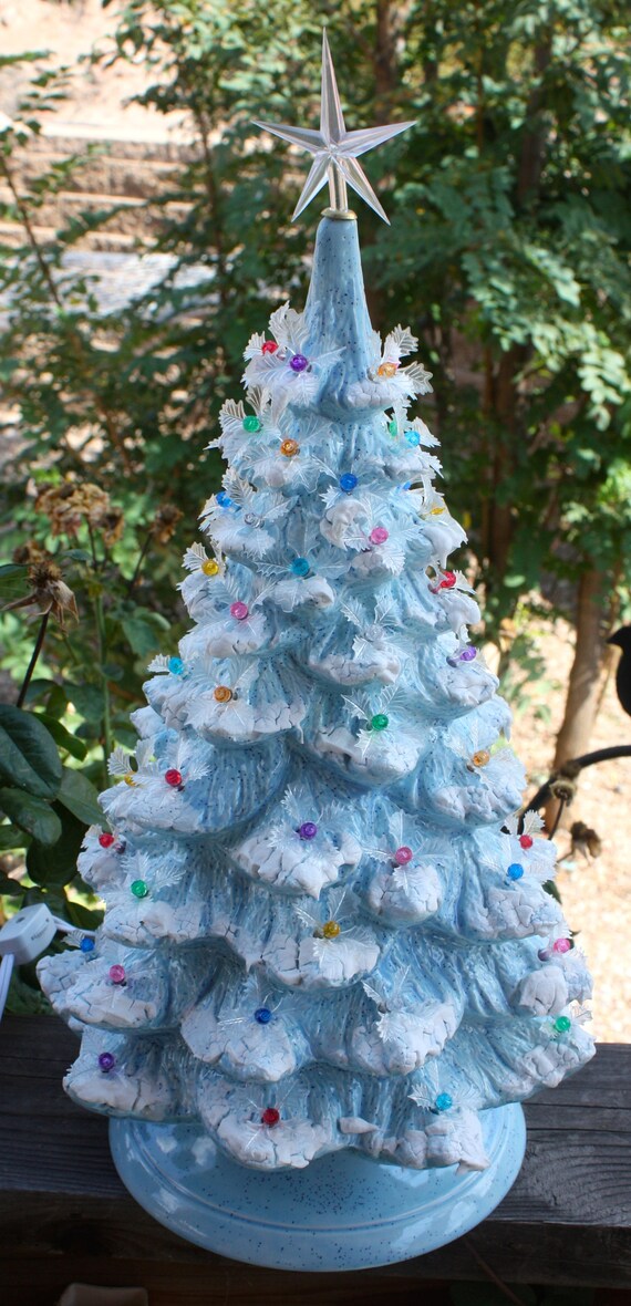 19 Ceramic Christmas Tree Lighted Blue with Snow and Etsy