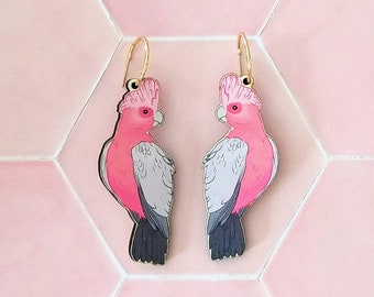 Laser Cut Galah Bird Hoop Statement Earrings With Charm - Kitsch Australian Animal Whimsical Pink Cockatoo Earrings