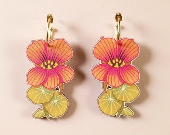 Funky Chunky Nasturtium Lesbian Earrings ~ bold statement nature-inspired maximalist jewelry, laser cut wood cottagecore hoops