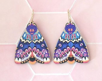XL Lily Moth Statement Hoop Earrings With Charm, Laser Cut Wood Cottagecore Jewelry, Goblincore Insect Bug Dangle Earrings