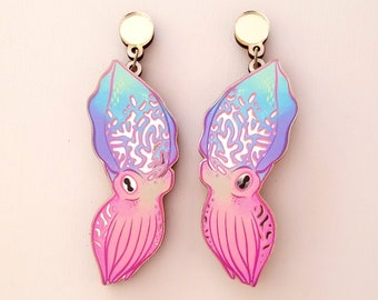 Shiny Gold Cuttlefish Statement Drop Earrings - Laser Cut Wood Acrylic Jewelry - Cephalopod Dangle Lesbian Earrings - Surgical Steel Clip On