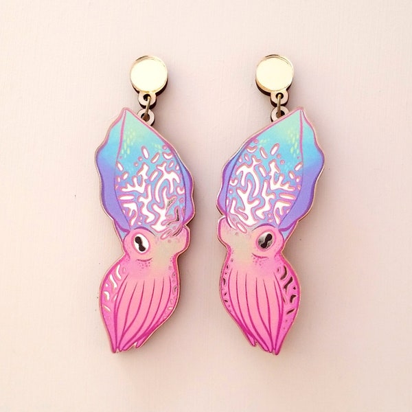 Shiny Gold Cuttlefish Statement Drop Earrings - Laser Cut Wood Acrylic Jewelry - Cephalopod Dangle Lesbian Earrings - Surgical Steel Clip On