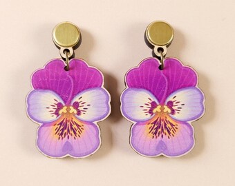 Quirky Maximalist Lesbian Earrings ~ bold colorful statement nature-inspired jewelry, unique wooden laser cut summer pansy flower fun dangle