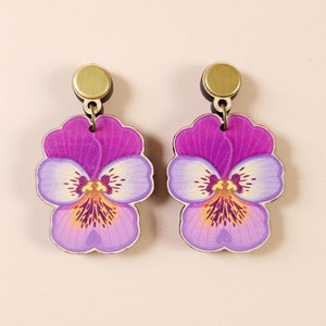 Quirky Maximalist Lesbian Earrings bold colorful statement nature-inspired jewelry, unique wooden laser cut summer pansy flower fun dangle image 1