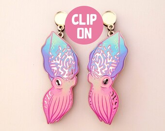 Shiny Gold Cuttlefish Statement Drop Clip On Earrings - Laser Cut Wood Acrylic Jewelry - Dangle Lesbian Earrings