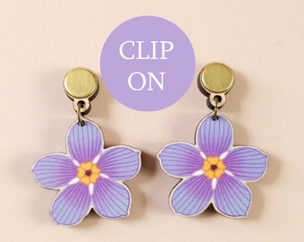 Cottagecore Forget Me Not Clip On Earrings ~ cute nature-inspired summer jewelry, quirky colorful lesbian statement earring birthday gift