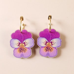 Bold Cottagecore Kitsch Lesbian Earrings quirky colorful statement maximalist jewelry, natureinspired summer pansy flower hoops image 1