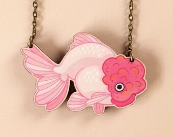 Chunky Oranda Goldfish Necklace ~ maximalist kitsch raspberry pink fish wooden jewelry