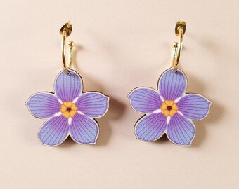 Quirky Forget Me Not Flower Statement Lesbian Earrings ~ colorful cottagecore natureinspired jewelry, cute laser cut wood hoops