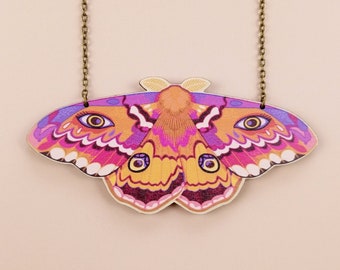 Emperor Moth Chunky Statement Necklace ~ maximalist cottagecore goblincore wooden natureinspired jewelry