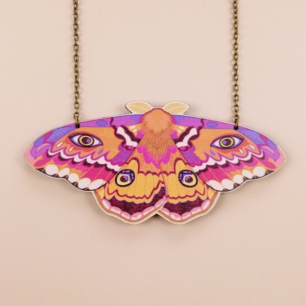 Emperor Moth Chunky Statement Necklace ~ maximalist cottagecore goblincore wooden jewelry