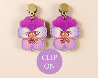 Wooden Summer Maximalist Clip On Statement Earrings ~ bold colorful nature-inspired jewelry, quirky pansy flower laser cut fun birthday gift