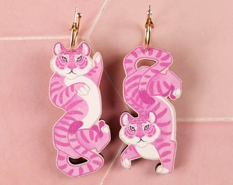 Pink Tiger Statement Earrings ~ maximalist kitsch bold lesbian jewelry, fun sustainable handmade birthday gift in laser cut wood