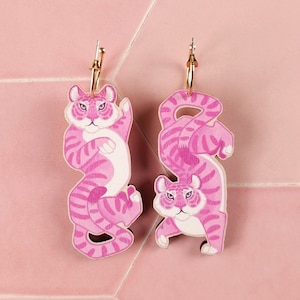 Pink Tiger Statement Earrings maximalist kitsch bold lesbian jewelry, fun sustainable handmade birthday gift in laser cut wood image 1