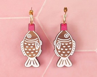 Sushi Soy Sauce Fish Hoop Earrings - Maximalist Chunky Jewelry - Handmade Sustainable Wooden Lesbian Earrings