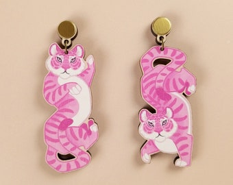 Pink Tiger Statement Earrings - Laser Cut Wood Acrylic Jewelry - Kitsch Animal Dangle Lesbian Earrings