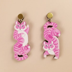 Pink Tiger Statement Earrings - Laser Cut Wood Acrylic Jewelry - Kitsch Animal Dangle Lesbian Earrings