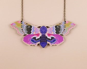 Poplar Sphinx Moth Statement Necklace ~ chunky maximalist goblincore wooden laser cut jewelry