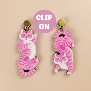 Kitsch Pink Tiger Clip On Earrings Maximalist Funky Lesbian Statement Jewelry Sustainable Handmade Gift Laser Cut Wood image 1