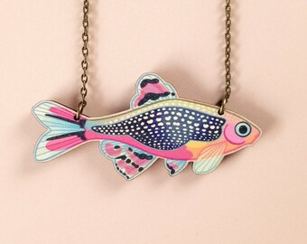 Galaxy Rasbora Tropical Fish Necklace ~ chunky maximalist quirky jewelry, colorful kitsch